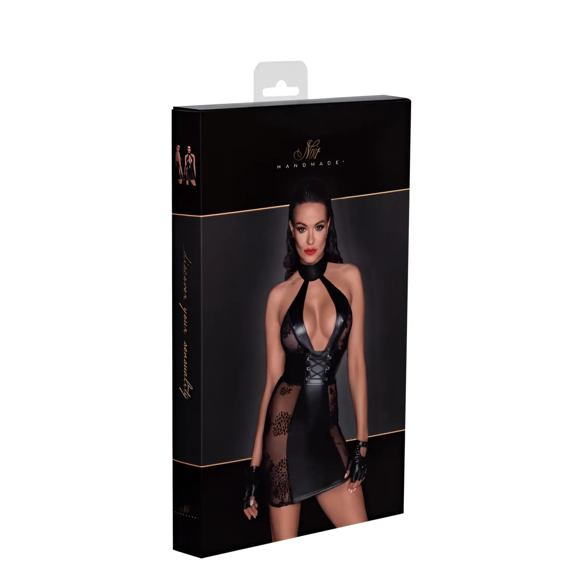 Black lace and faux leather noir power wetlook short tulle dress with corset binding leopard print accents