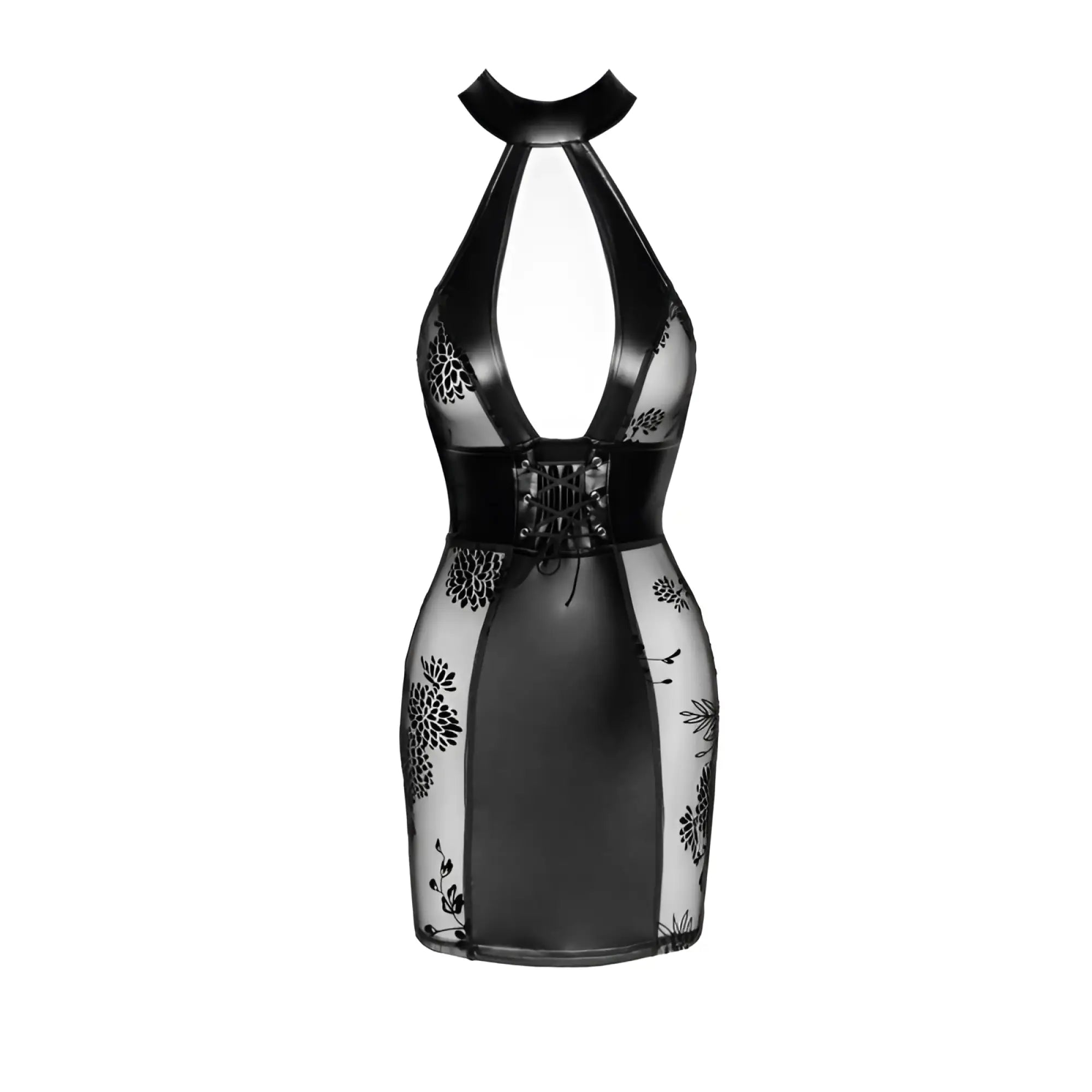 Black sheer lace noir power wetlook short tulle dress with high neckline and corset style front detailing