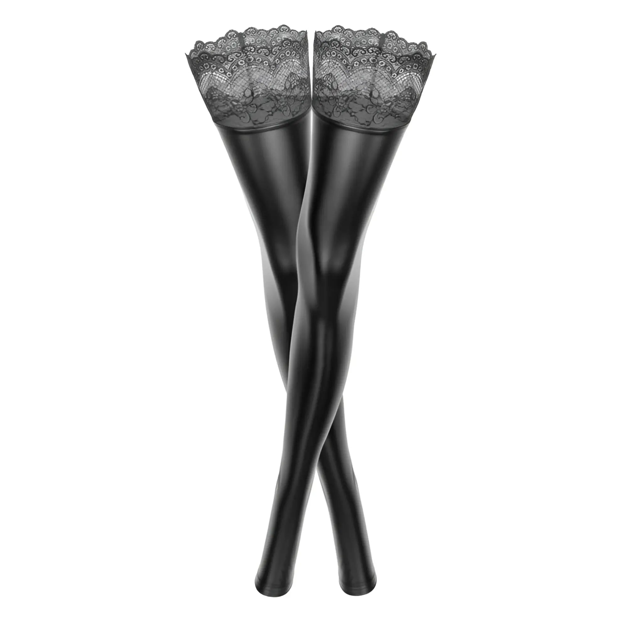 Black satin-like noir power wetlook thigh-high stockings with siliconed delicate lace trim in 2XL size