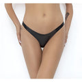 Black glossy latex thong with low rise cut and thin waistband seen from the back in noir power wetlook thong m