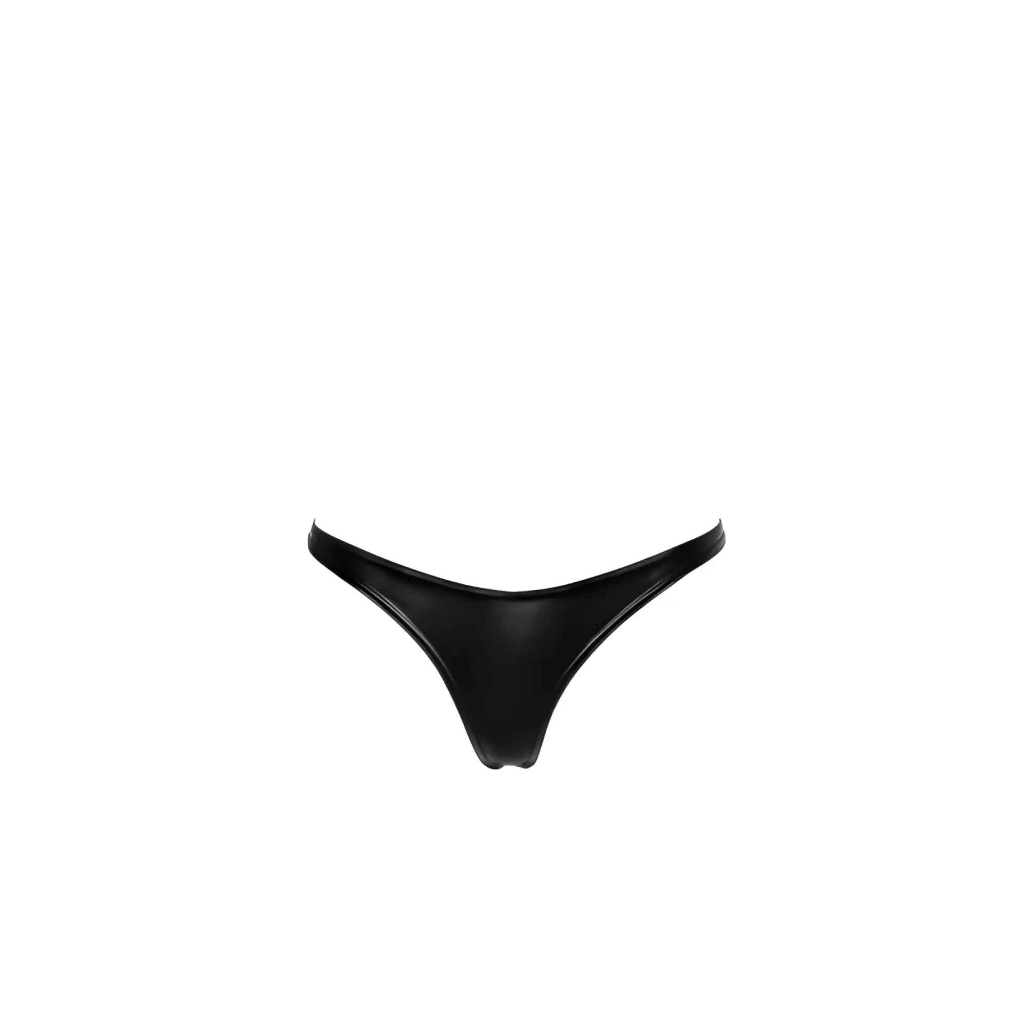 Black glossy wetlook thong bikini bottom with sleek minimalist design shown from the back in xl size