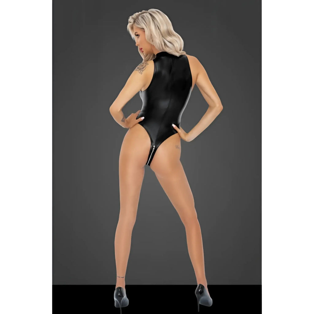 Noir powerwetlook body black latex one-piece bodysuit with back zipper and high neckline shown from the back