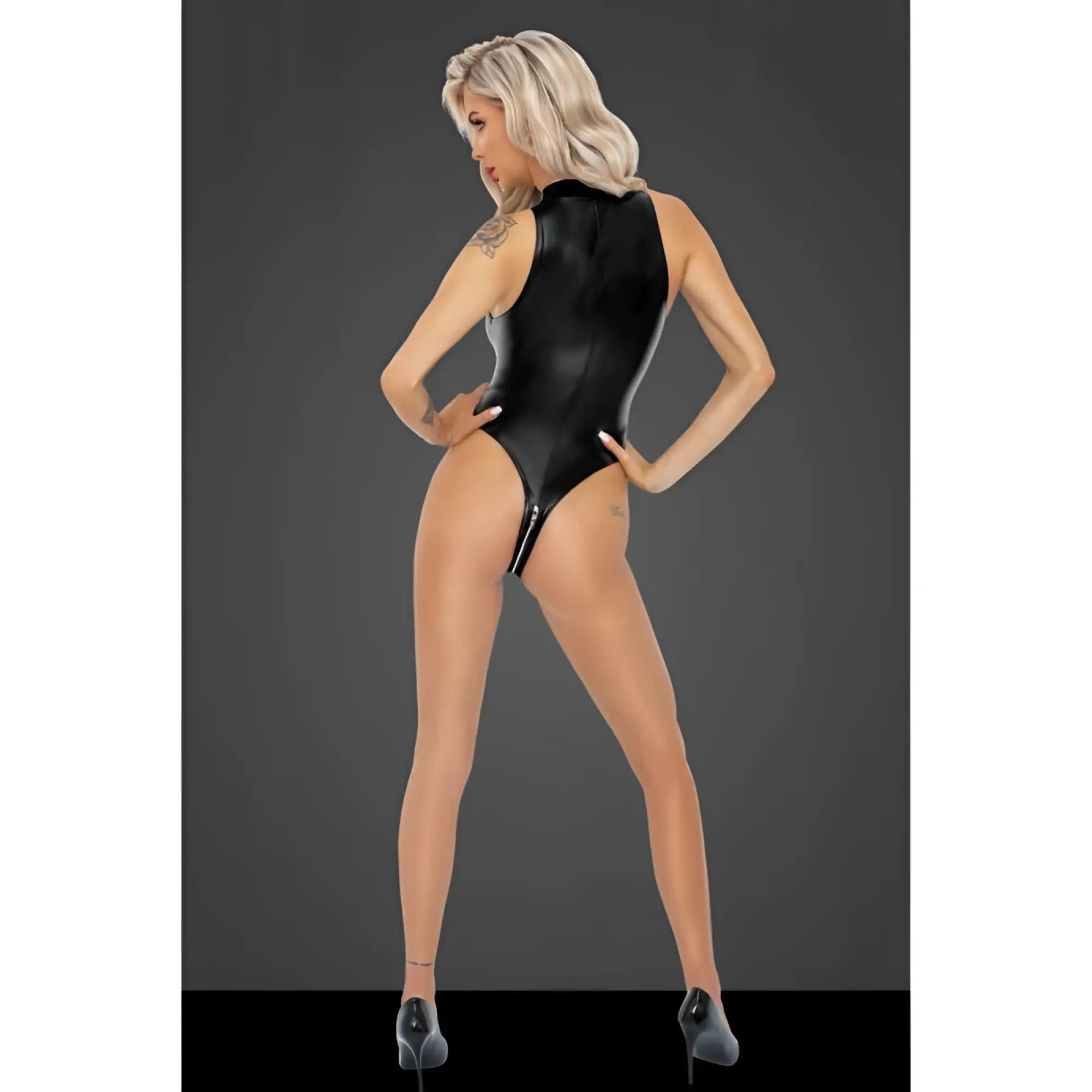Black latex one-piece bodysuit with a high neckline and back zipper shown from the back in xl size