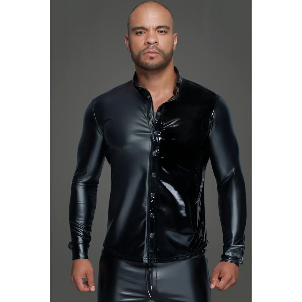 Black glossy faux leather button-up shirt with sleek form-fitting design and long sleeves in noir powerwetlook PVC material
