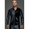 Black glossy faux leather button-up shirt with sleek form-fitting design and long sleeves in noir powerwetlook PVC material