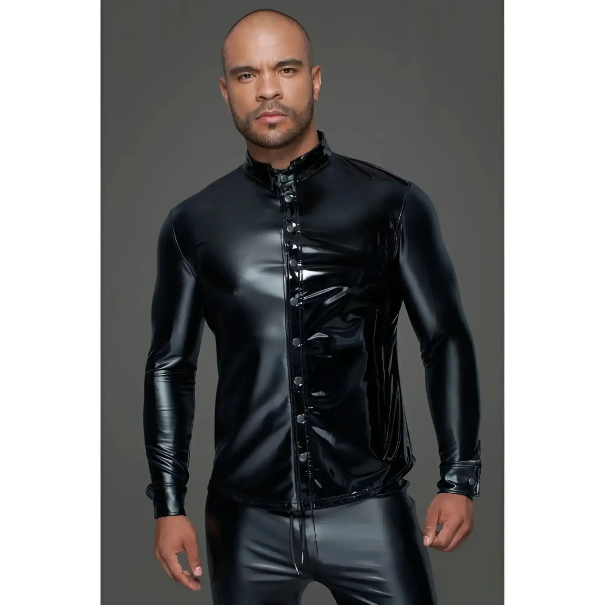 Black glossy latex shirt with high collar and button front closure noir powerwetlook pvc long sleeved shirt