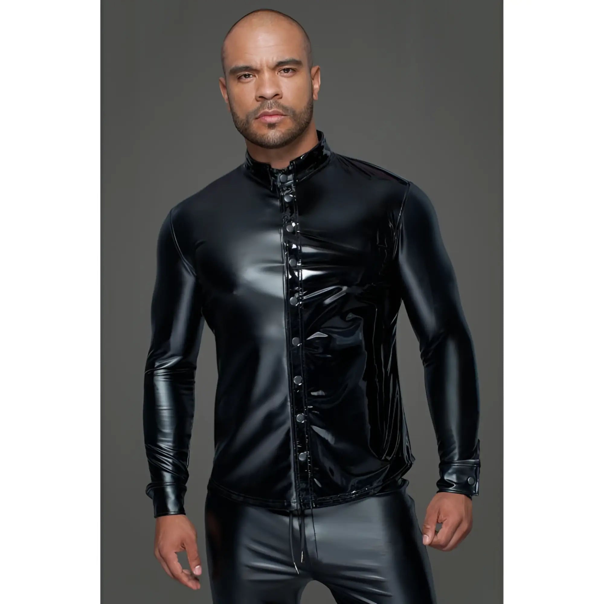 Black glossy latex shirt with high collar and button front closure noir powerwetlook pvc long sleeved shirt