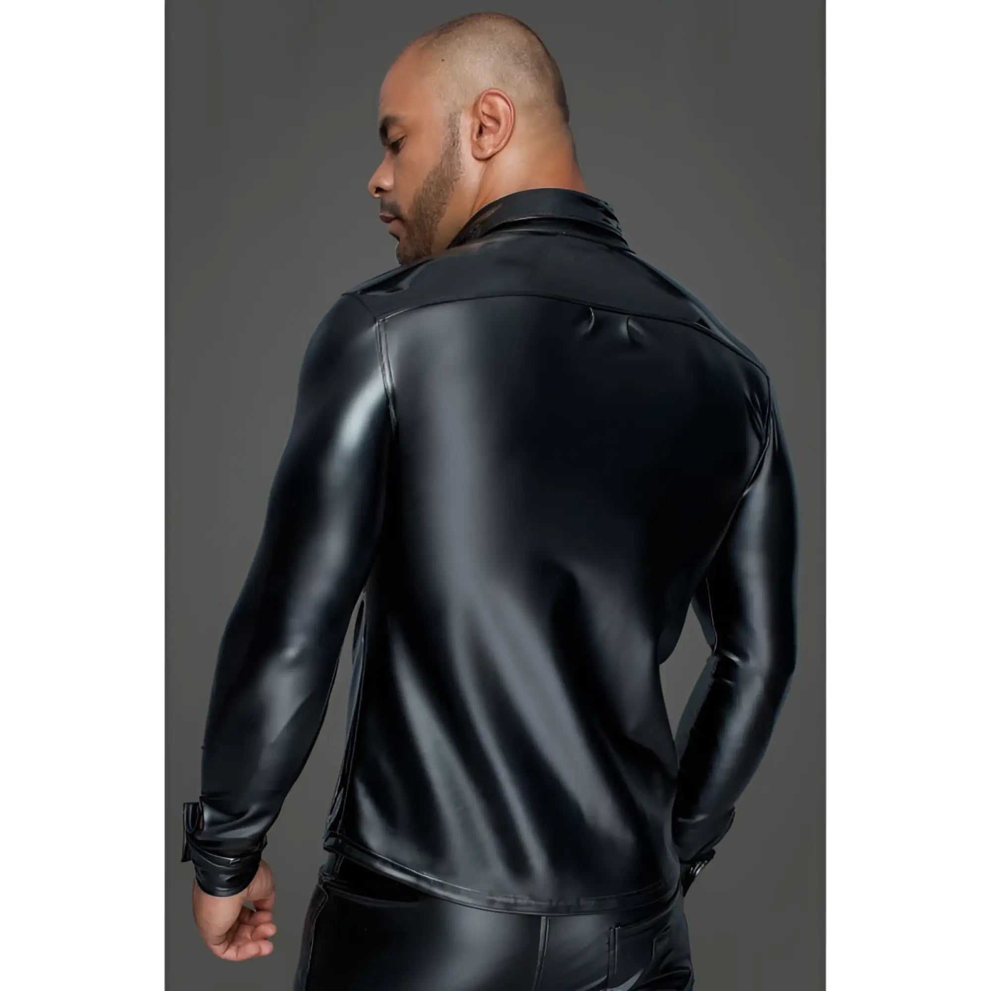 Black glossy faux leather noir powerwetlook pvc long sleeved shirt with button placket in xl shown from the back