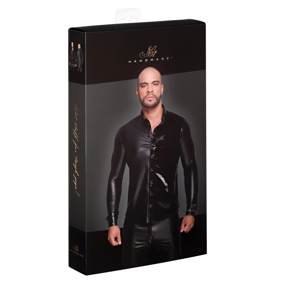 Noir powerwetlook pvc long sleeved shirt xl in black glossy latex with button front design