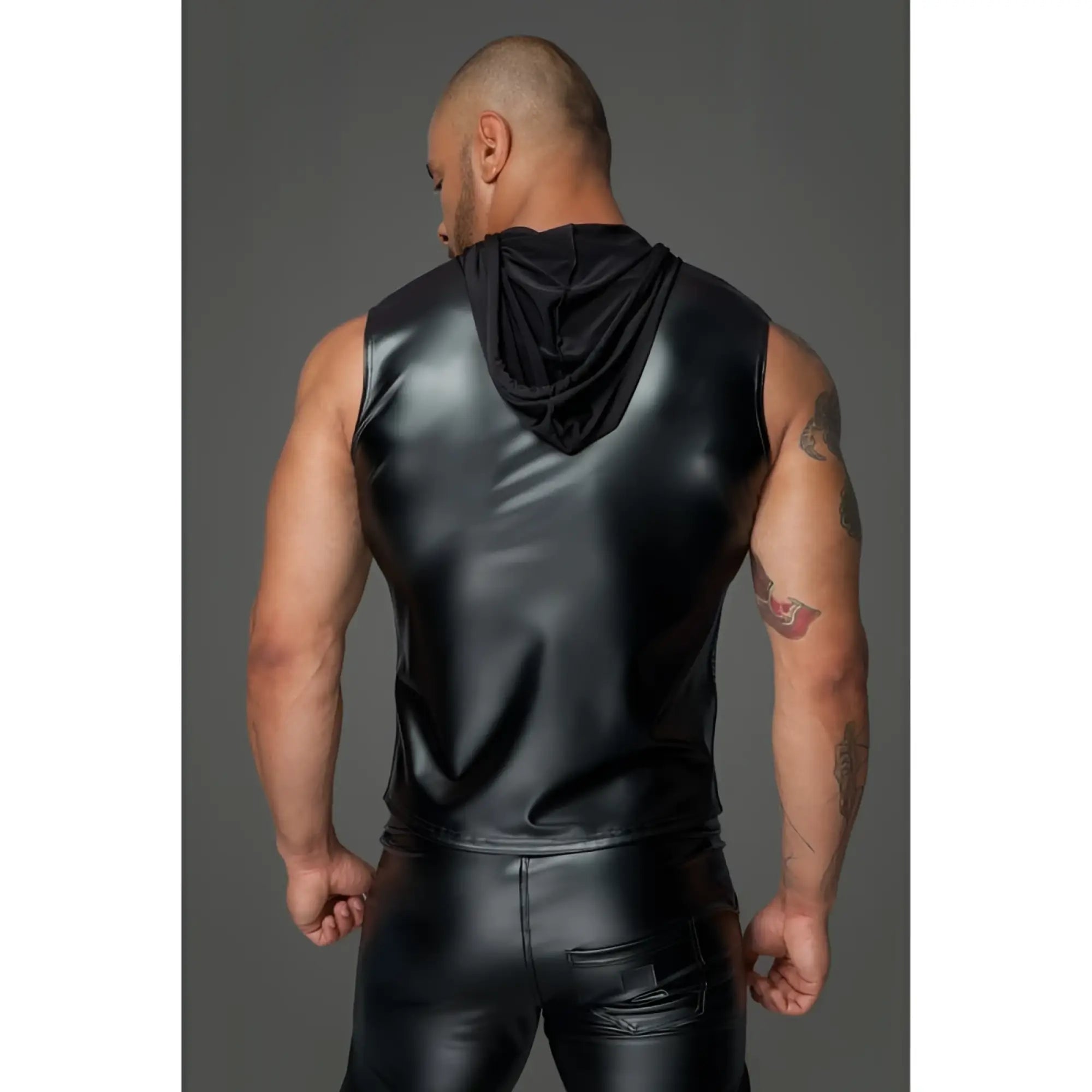 Black glossy faux leather sleeveless hoodie top with hood and 2 way zipper noir powerwetlook sleeveless hooded shirt