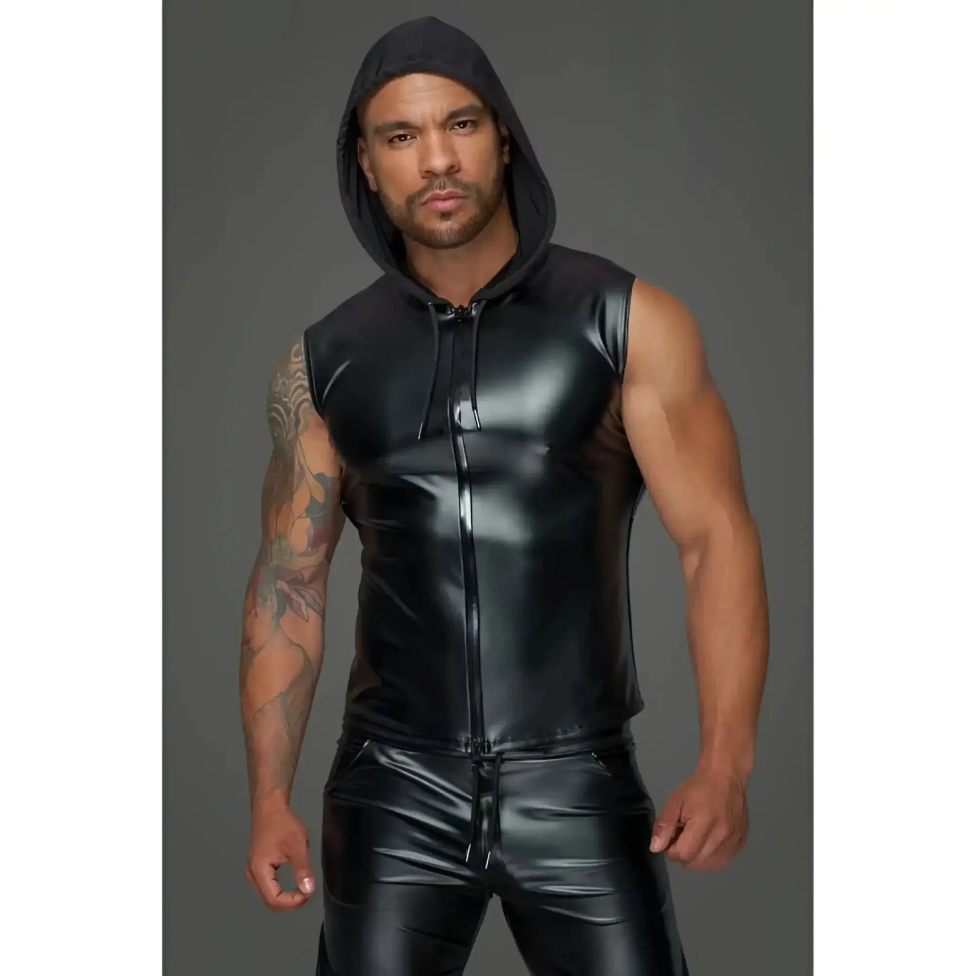 Black glossy faux leather sleeveless hoodie with front zipper and drawstring hood noir powerwetlook sleeveless hooded shirt