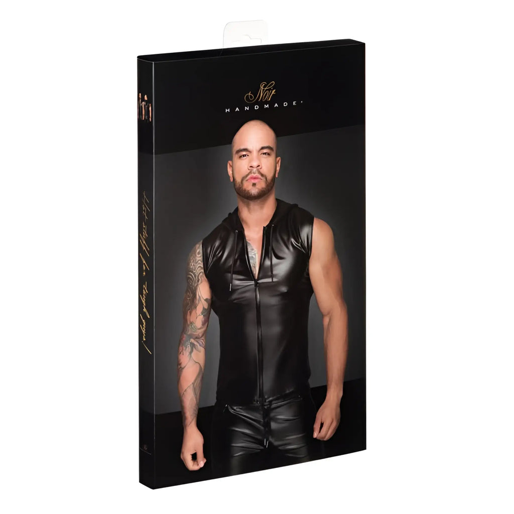 Black leather sleeveless hoodie with front zipper and hood branded slay handmade noir powerwetlook shirt l
