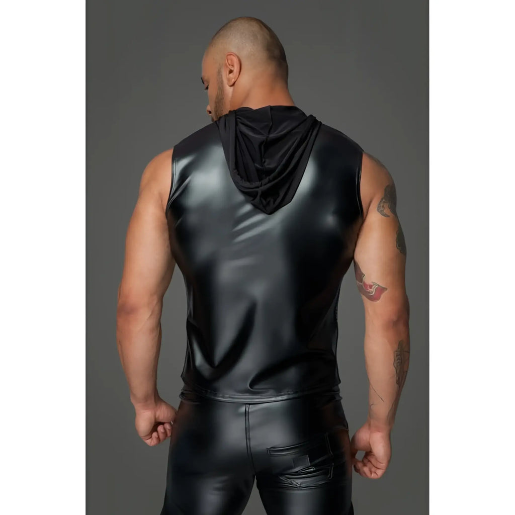 Black glossy faux leather sleeveless hoodie top with hood and 2 way zipper in xl noir powerwetlook style