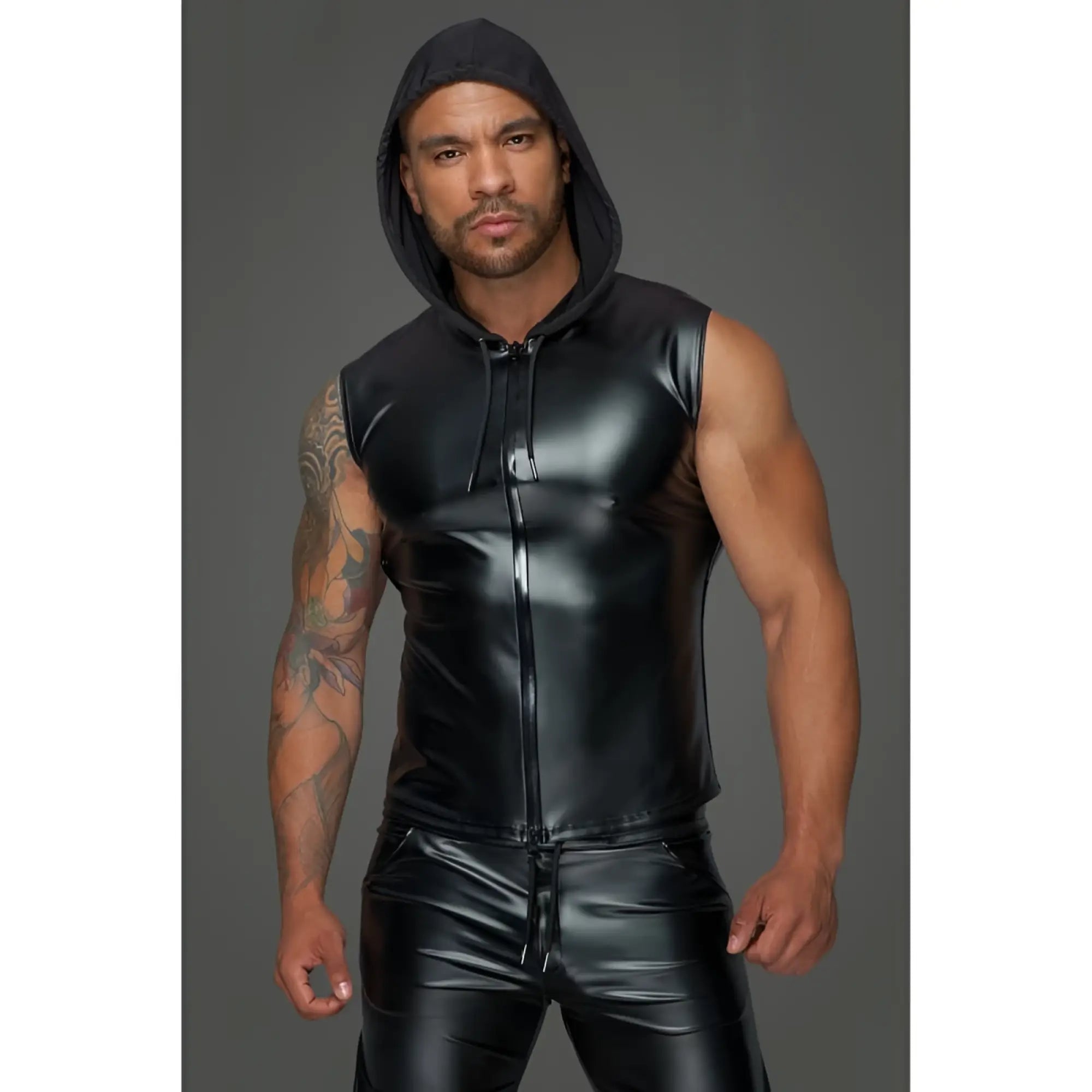 Noir powerwetlook sleeveless hooded shirt xl black glossy faux leather with zipper front and drawstring hood