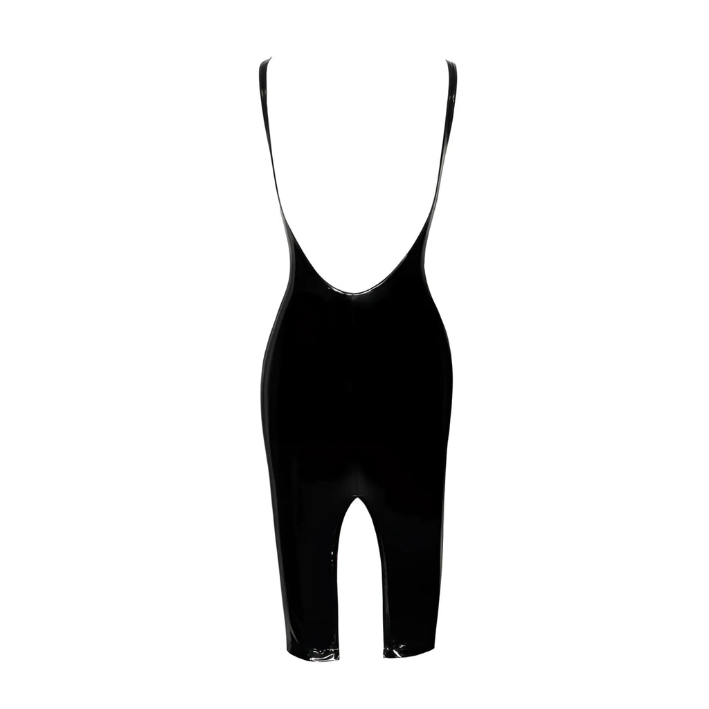 Black glossy latex bodysuit with thin spaghetti straps and high-cut leg design in noir pvc midi dress with front zipper l