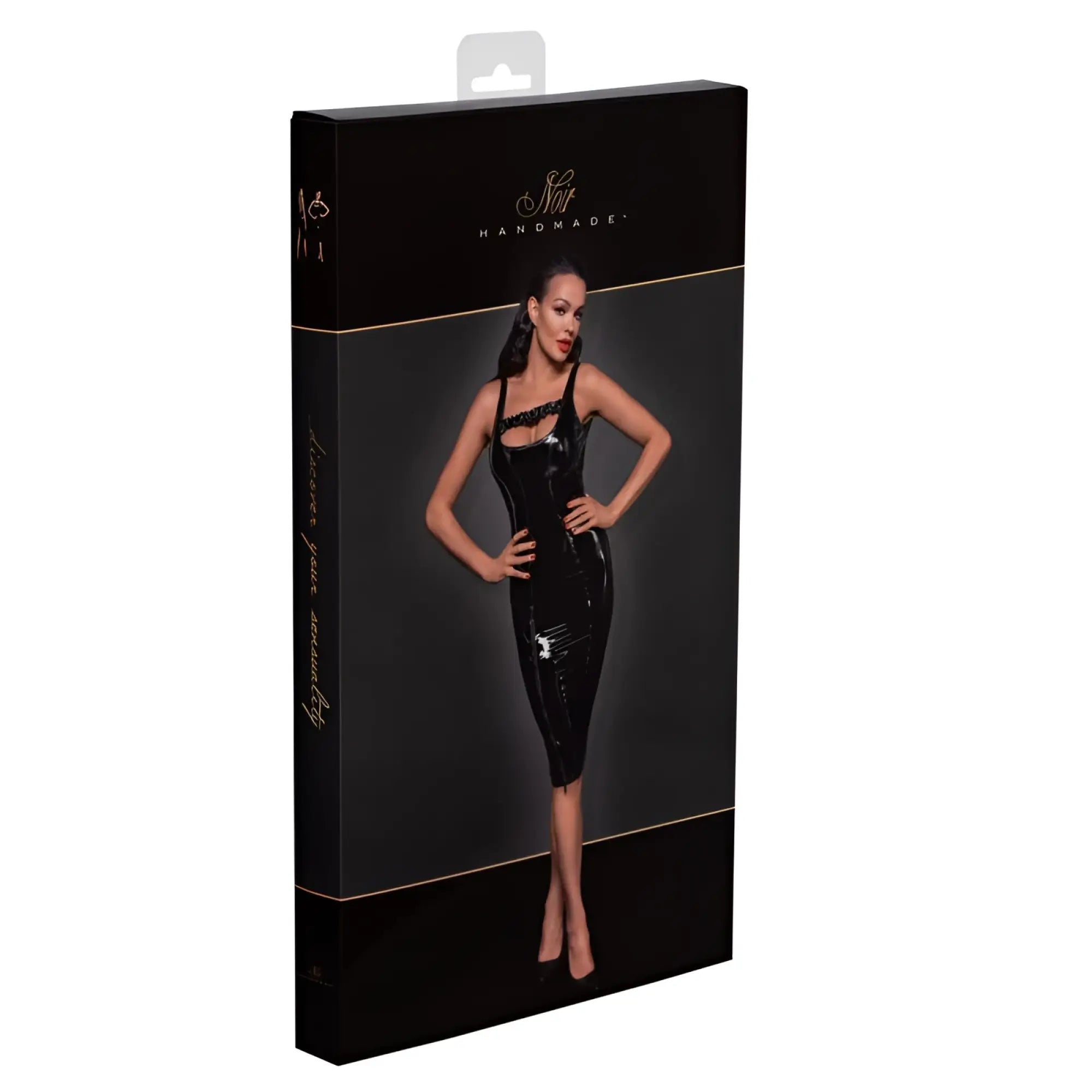 Black glossy latex noir pvc midi dress with fitted design and cut-out shoulder detail with front zipper