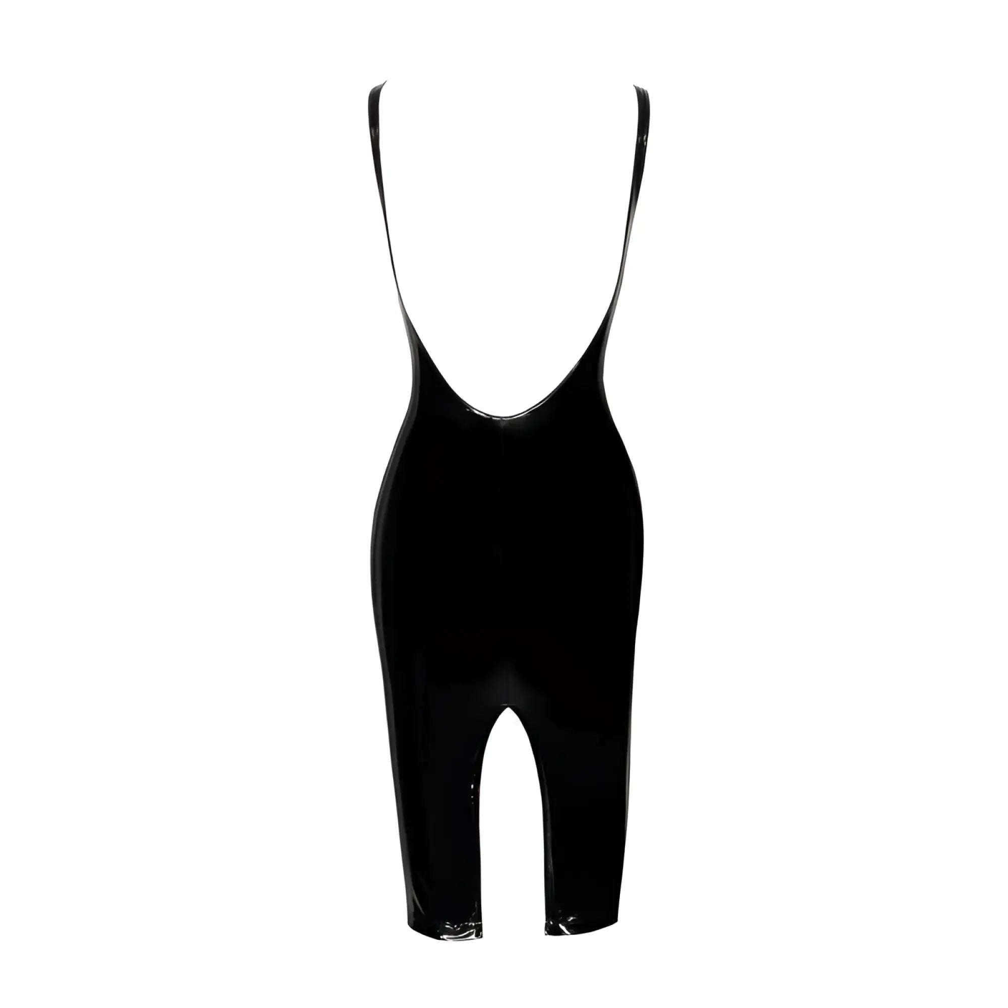 Black glossy latex bodysuit with thin spaghetti straps and high-cut leg design in noir pvc midi dress with front zipper s