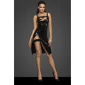 Black patent leather midi dress with lace trim and thigh-high slit featuring front zipper in size small