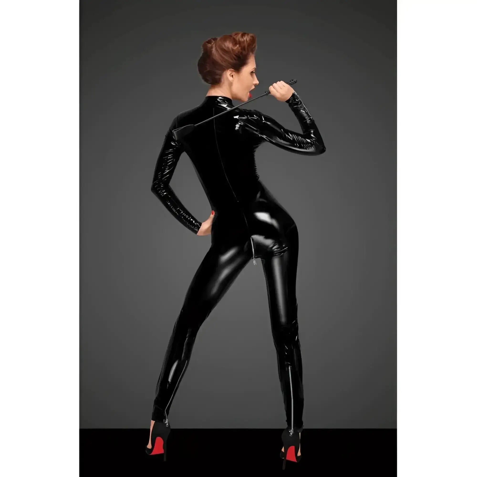 Black glossy latex catsuit with long sleeves and 3 way zipper details in 2xl size shown from the back