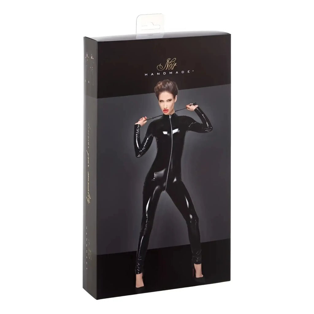 Black glossy latex catsuit with front zipper long sleeves in size 3XL noir pvc overall with 3 way zipper