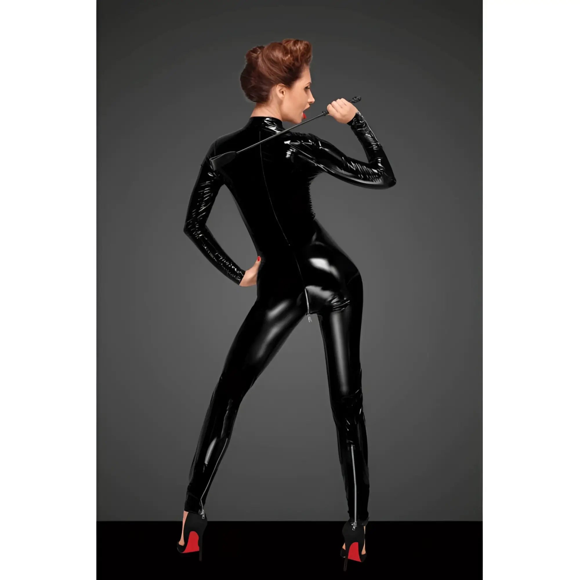 Black glossy latex catsuit with long sleeves and 3 way zipper details in xl size noir pvc overall