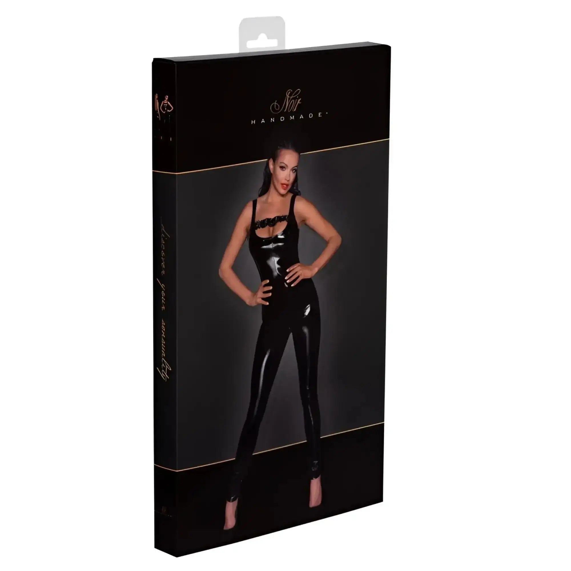 Black latex catsuit with glossy finish and lace trim at neckline featuring a two way zipper overall design