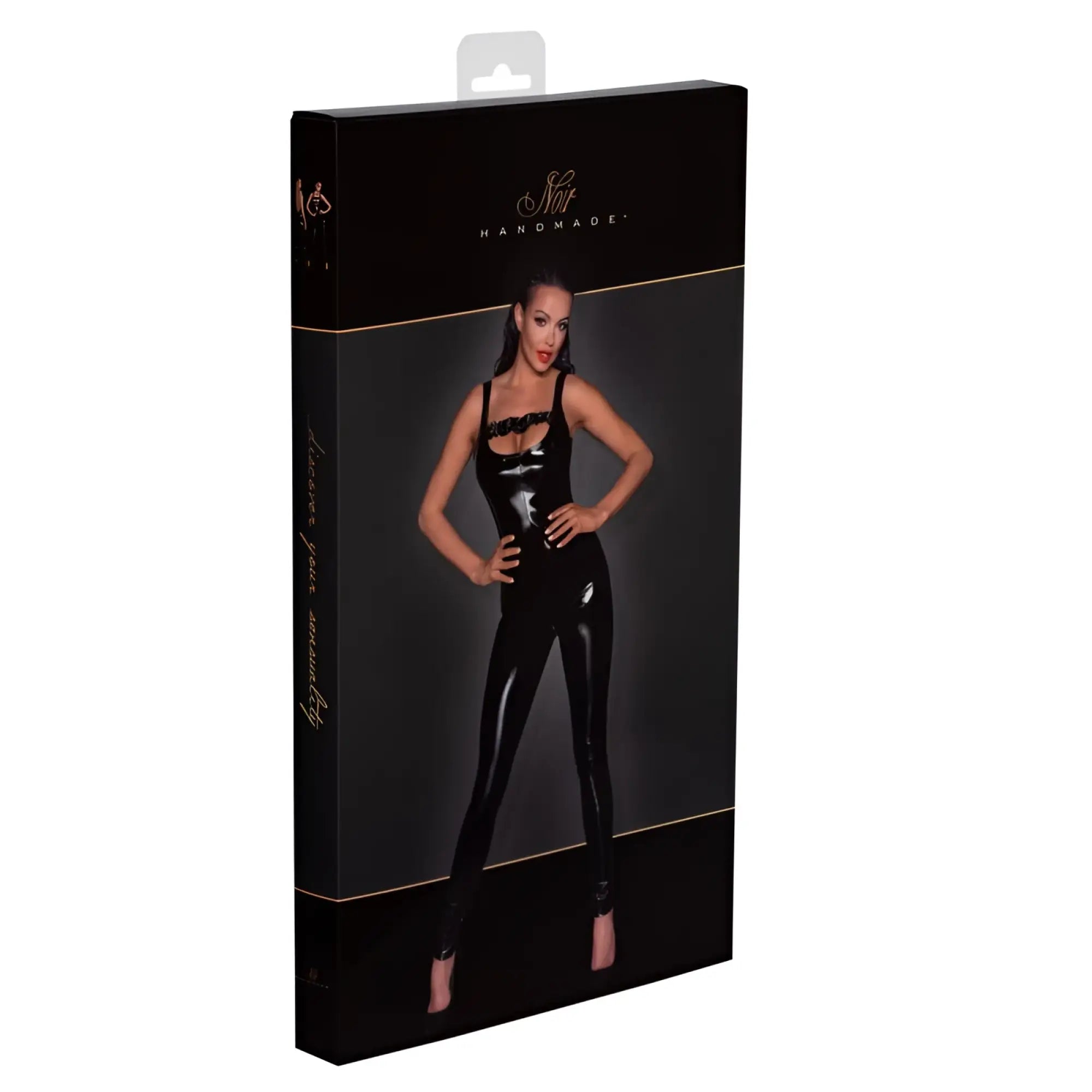 Black latex catsuit with glossy finish lace trim at neckline featuring 2 way zipper for versatile wear
