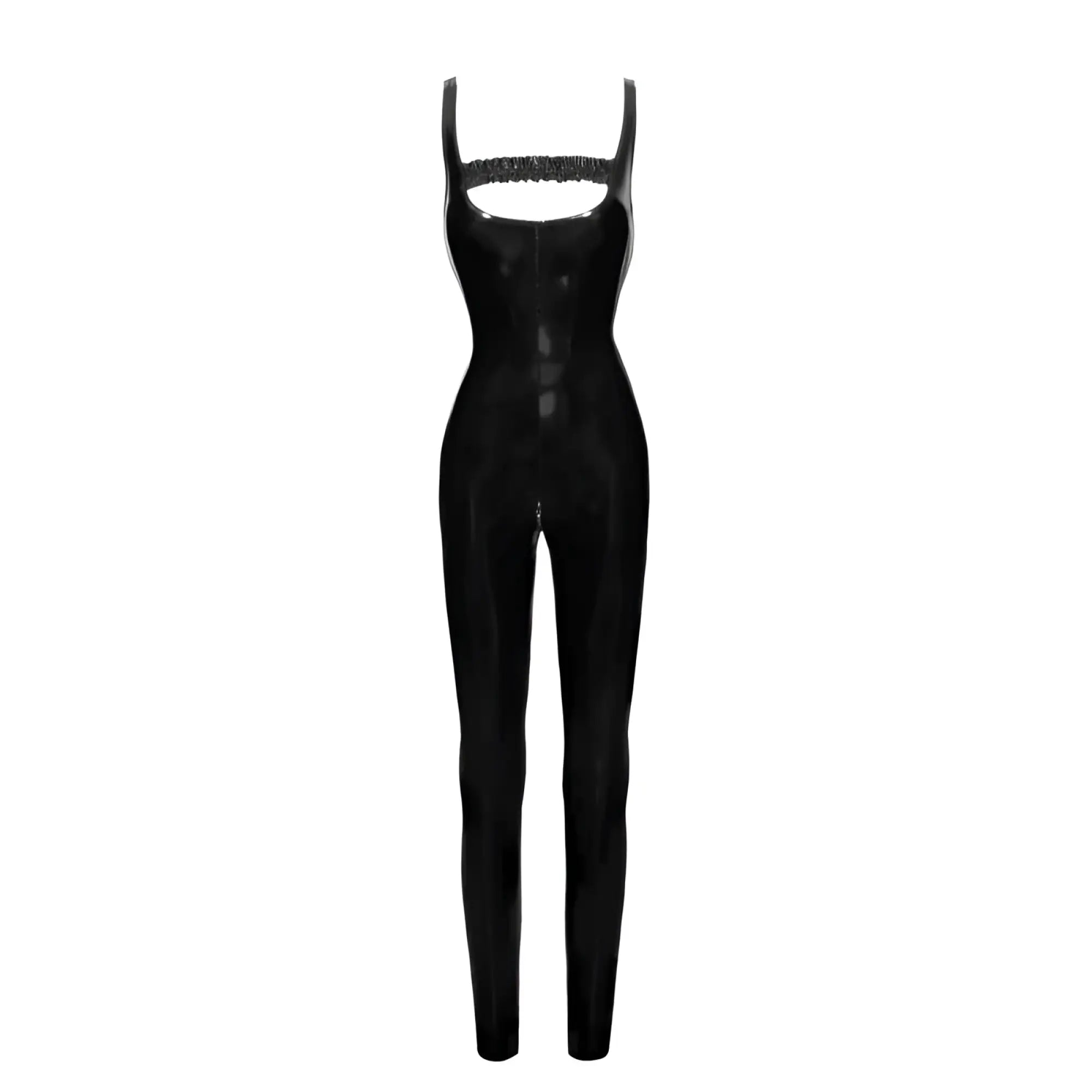 Black latex jumpsuit with fringed square neckline and thin straps from noir pvc overall with 2 way zipper m