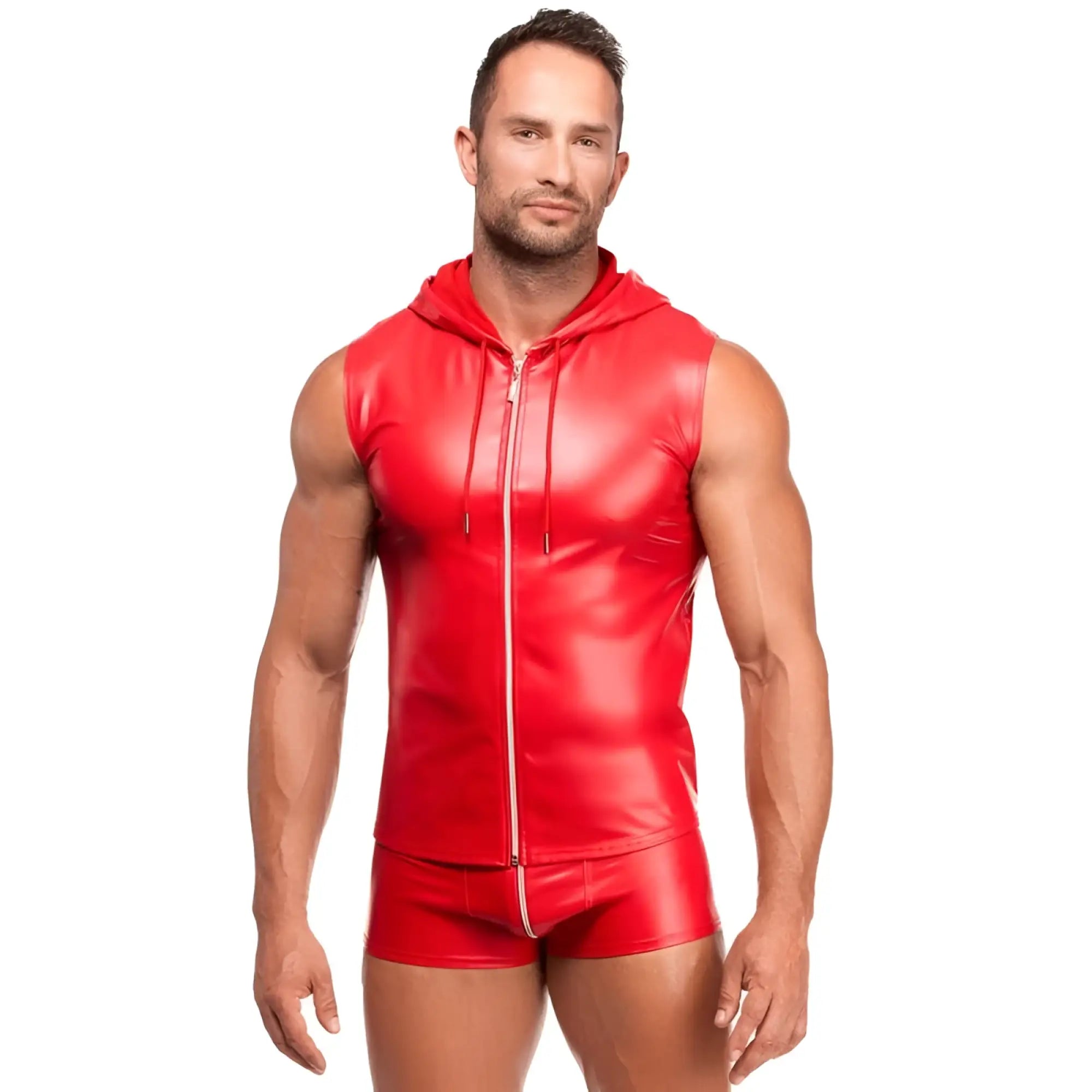 Red shiny faux leather sleeveless hoodie with zipper front and matching shorts from noir red ignite hooded vest s collection