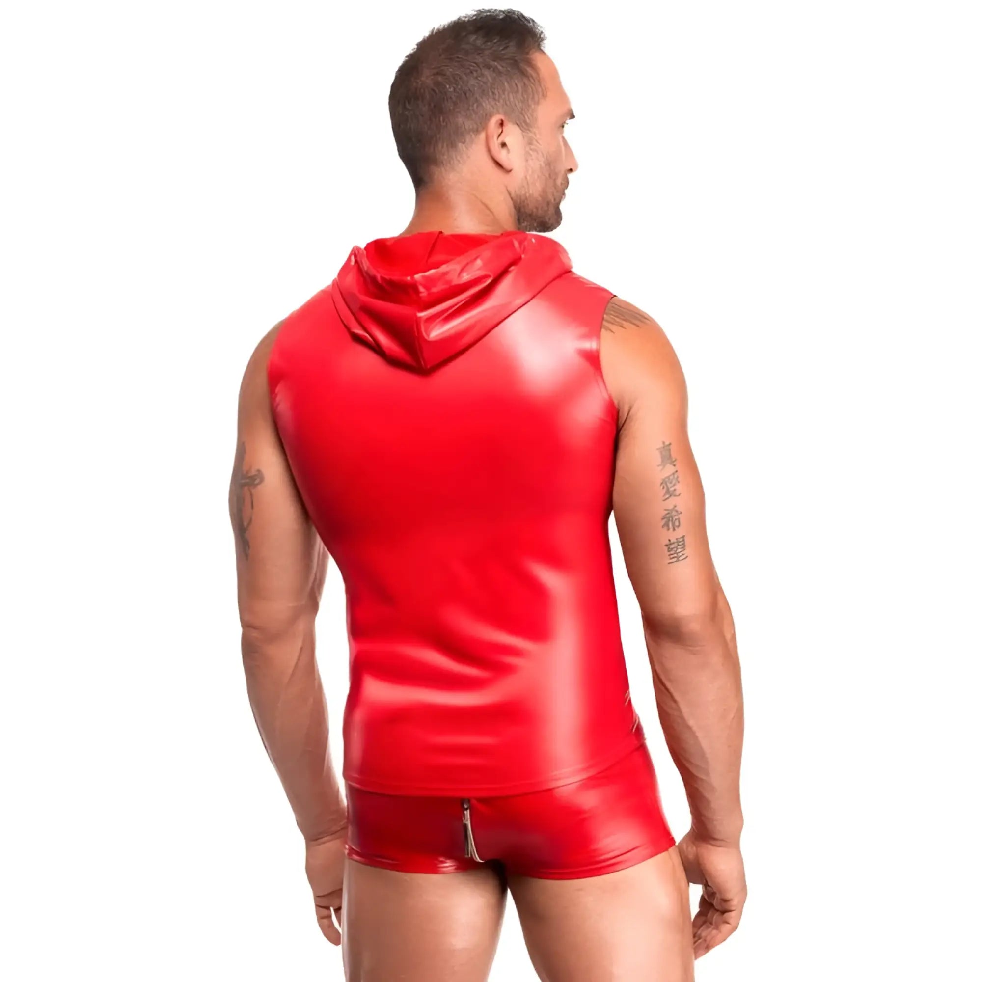 Red shiny latex sleeveless hoodie with a hood from Noir red ignite hooded vest S collection