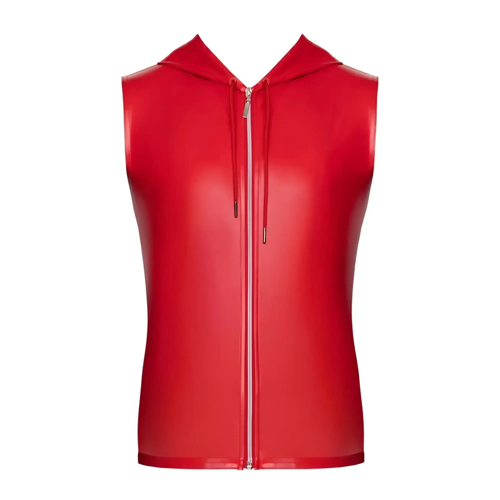 Noir red ignite hooded vest xl is a shiny red sleeveless hoodie with a full-length zipper and drawstrings