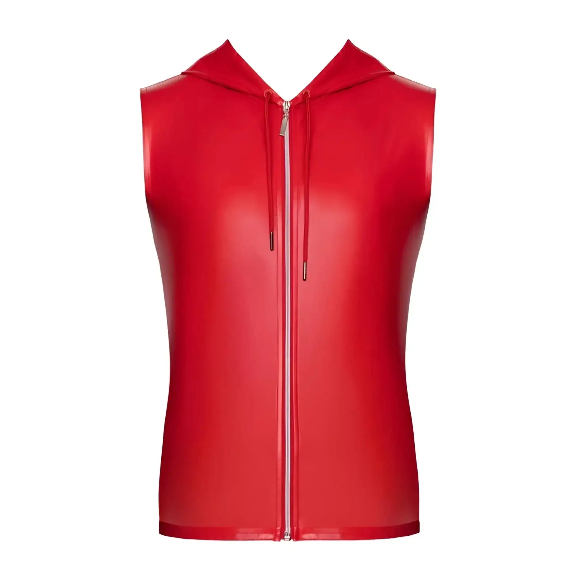 Noir red ignite hooded vest xl is a shiny red sleeveless hoodie with a full-length zipper and drawstrings