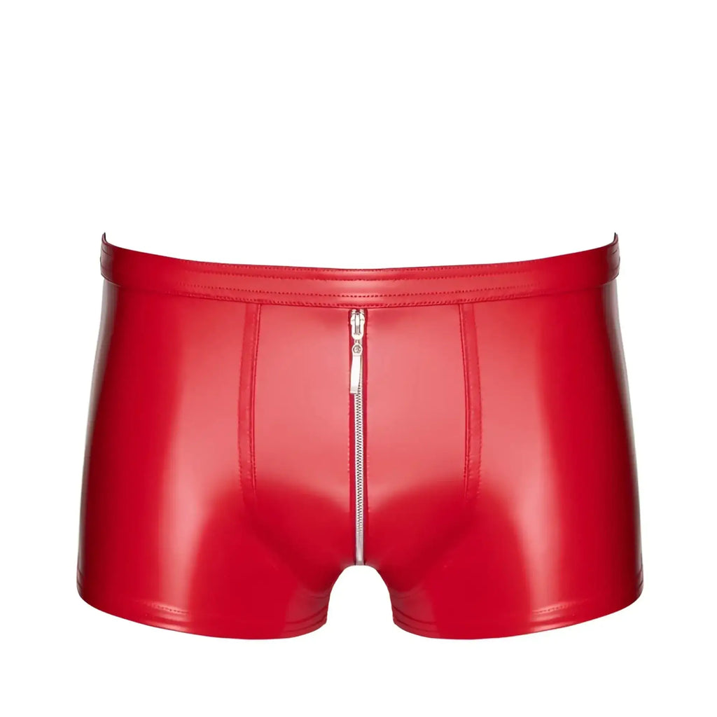 Back view of noir red ignite shiny latex shorts with central zipper detail down the back