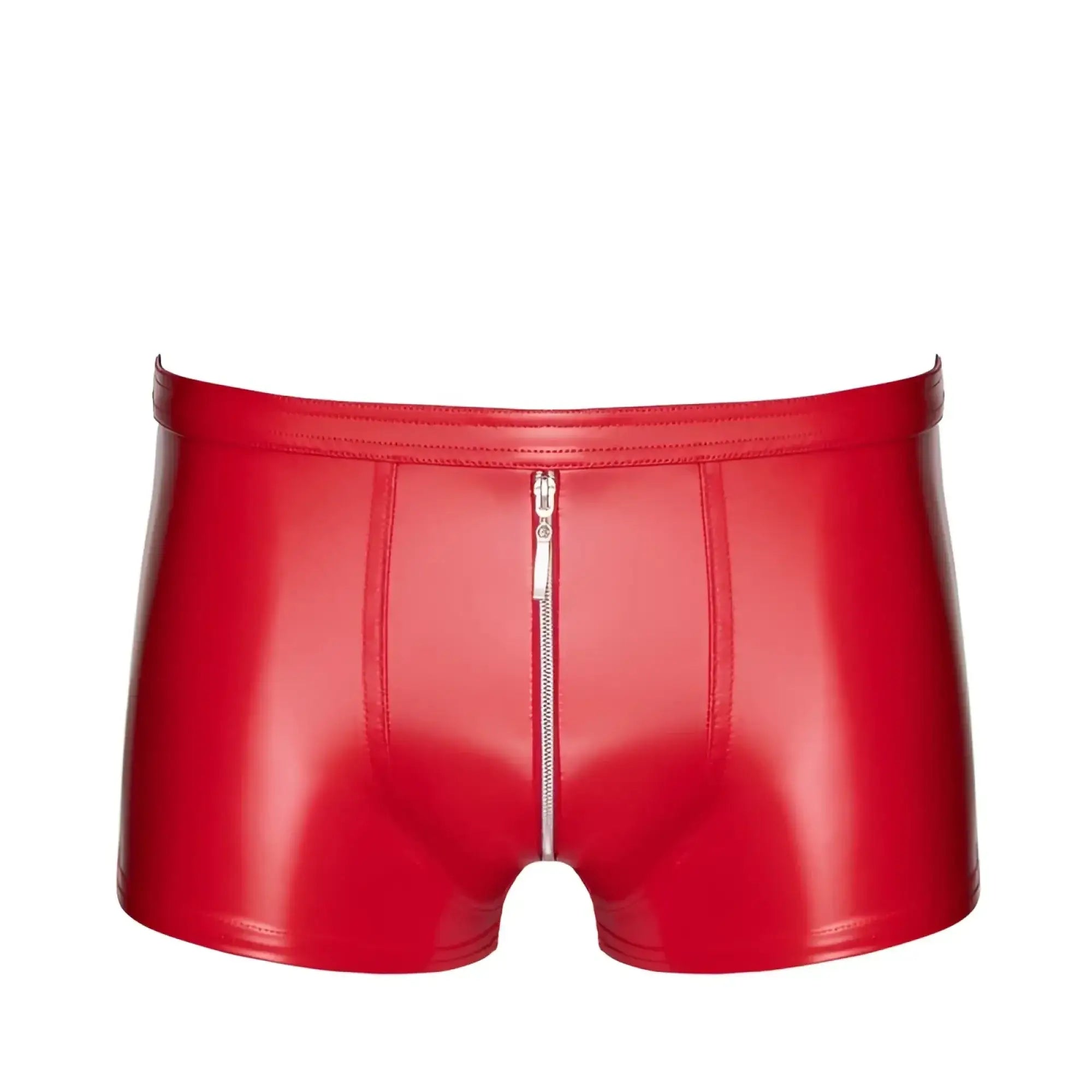 Back view of noir red ignite shiny latex shorts with central zipper detail down the back