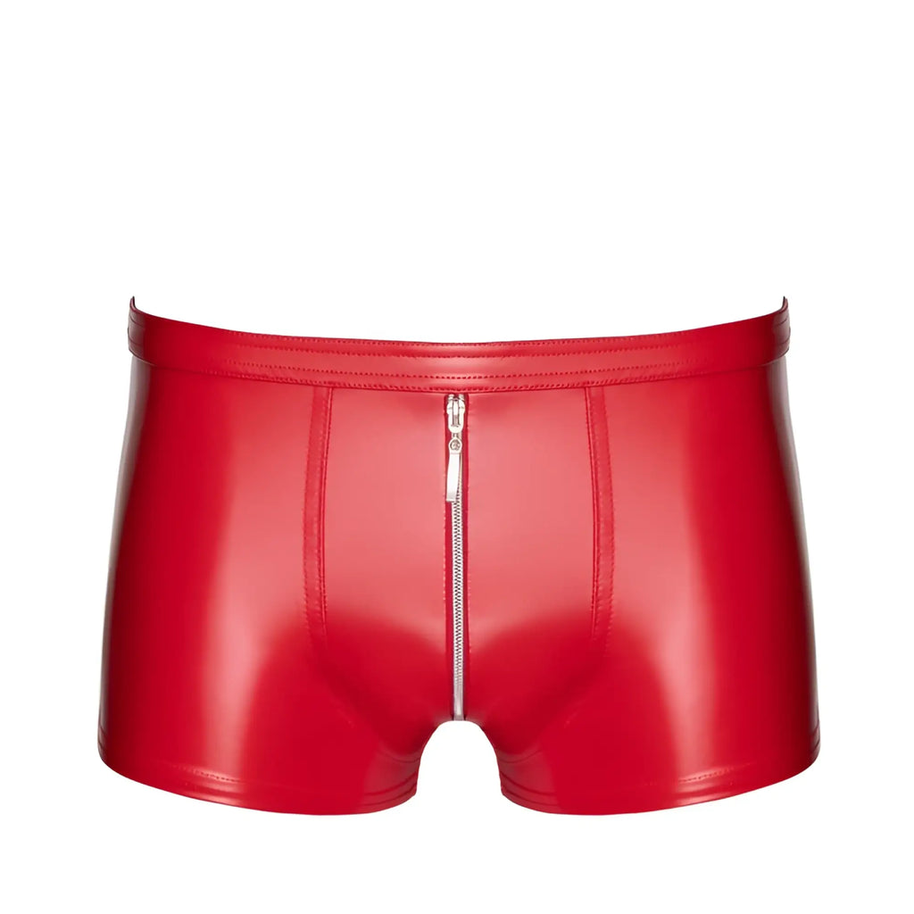 Back view of noir red ignite shiny latex shorts with central zipper detail down the back