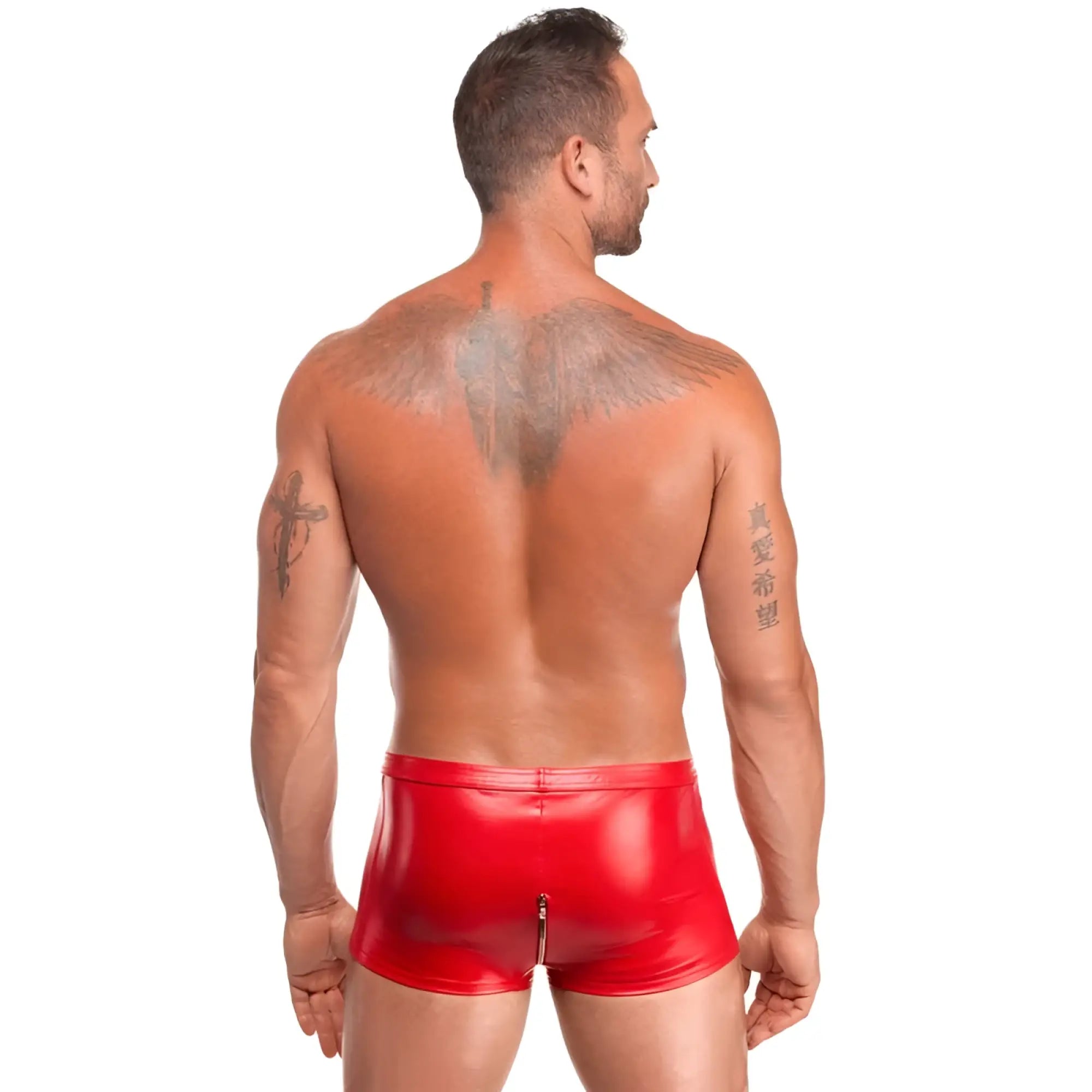 Noir red ignite shorts shiny red latex material with front zipper for bold fashion and clubwear look