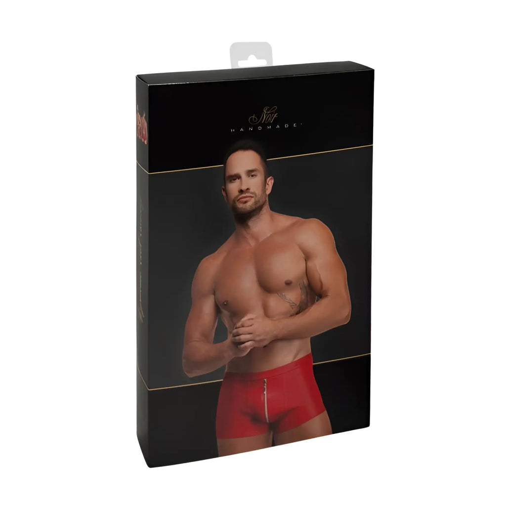 Red men’s briefs with central zipper detail on black packaging from Noir red Ignite shorts S collection