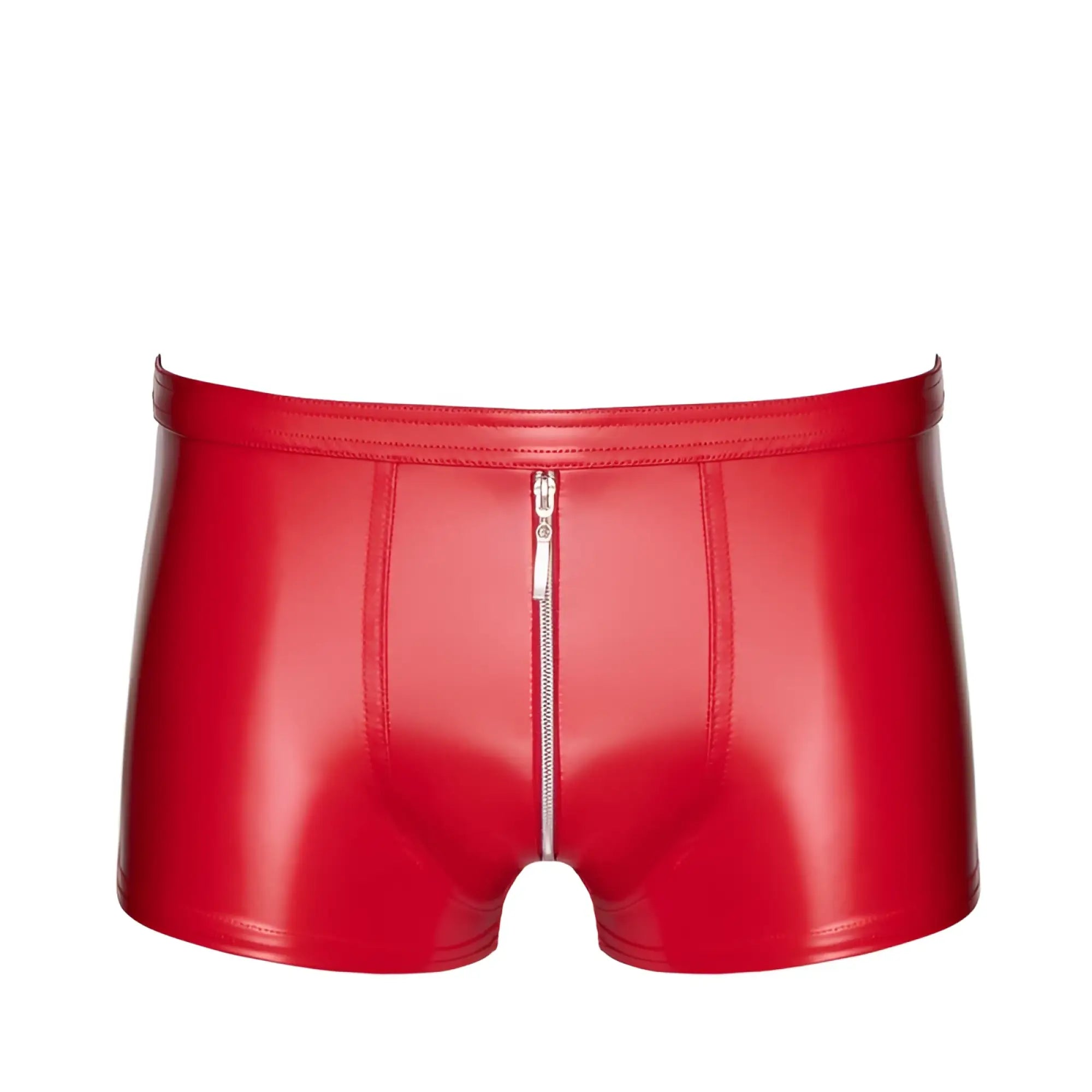 Back view of noir red ignite shorts s made of shiny red latex featuring a central zipper down the back