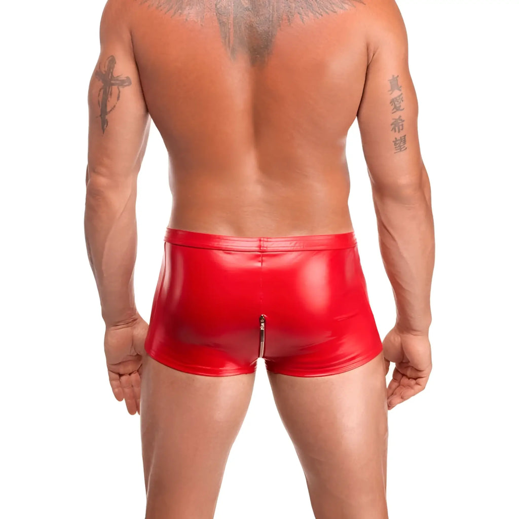 Back view of noir red ignite shorts xl red shiny faux leather briefs with central zipper for edgy fashion