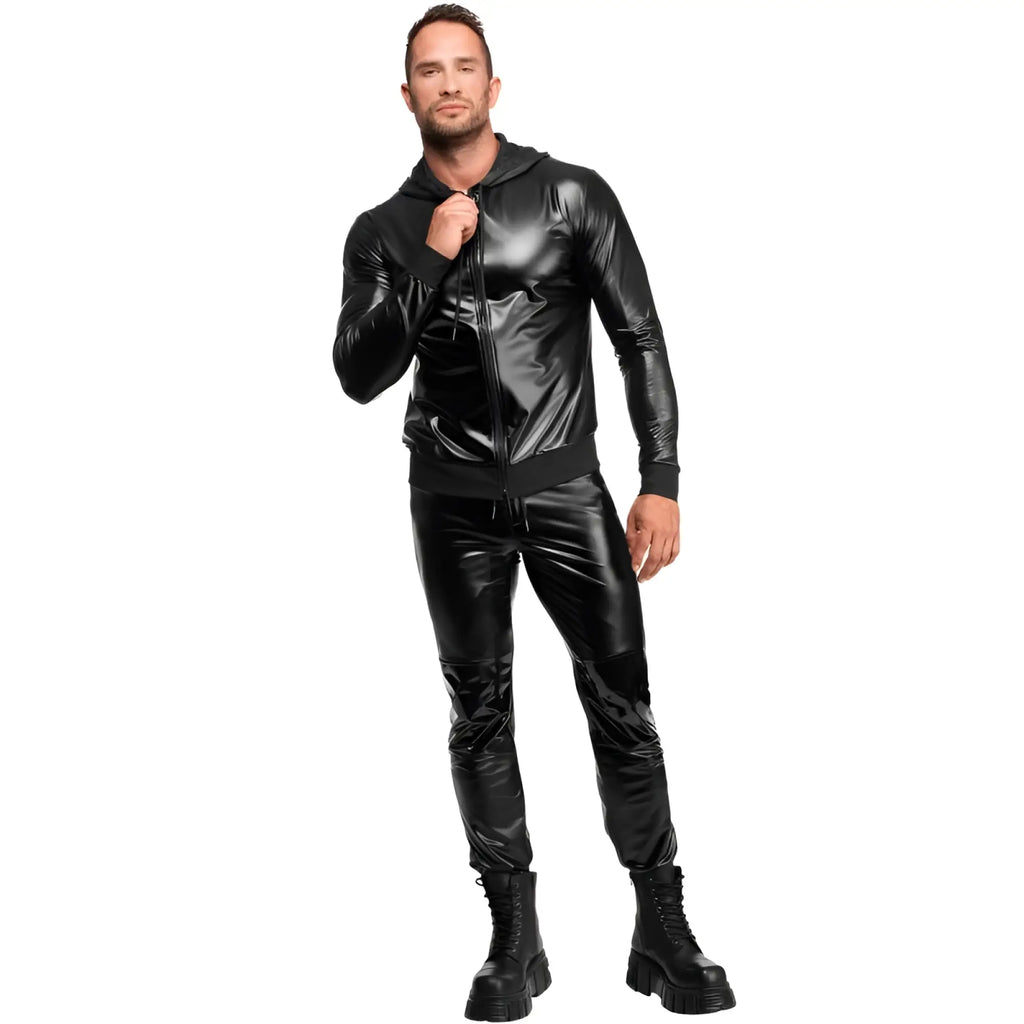 Black shiny faux leather zip-up hoodie and matching pants set noir rogue pants m in sleek modern style