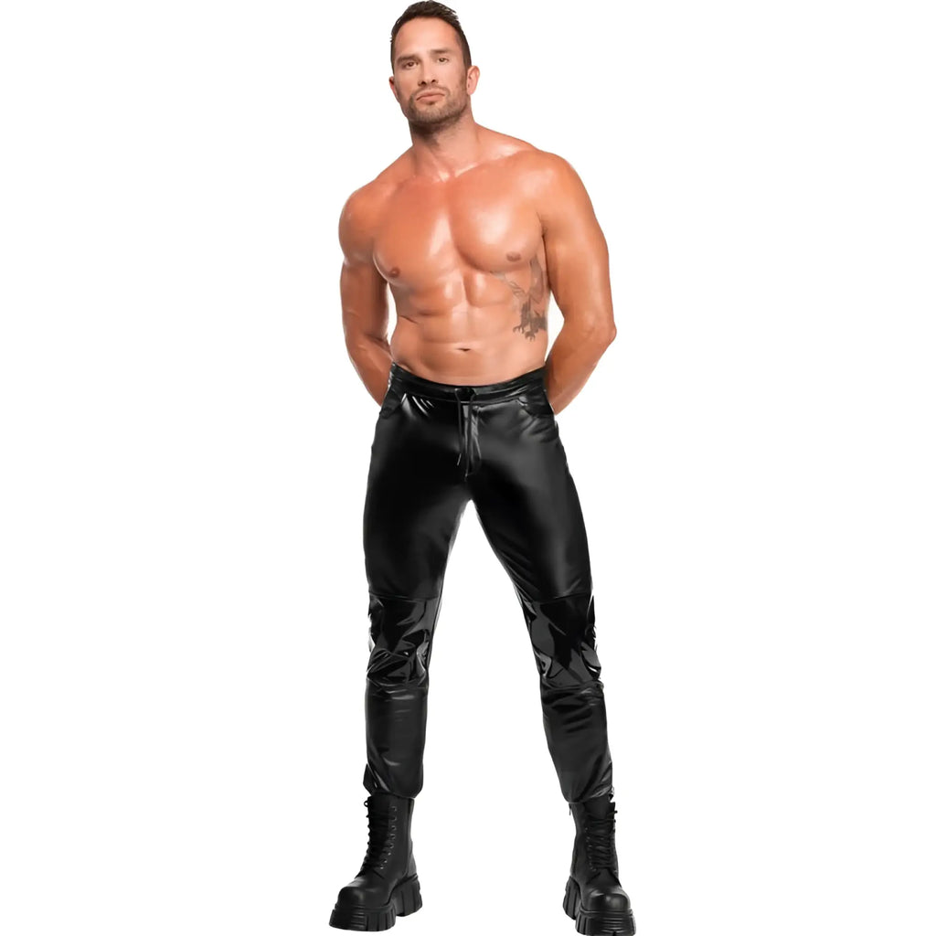 Noir Rogue pants in black glossy faux leather with a slim fit and visible zipper detail