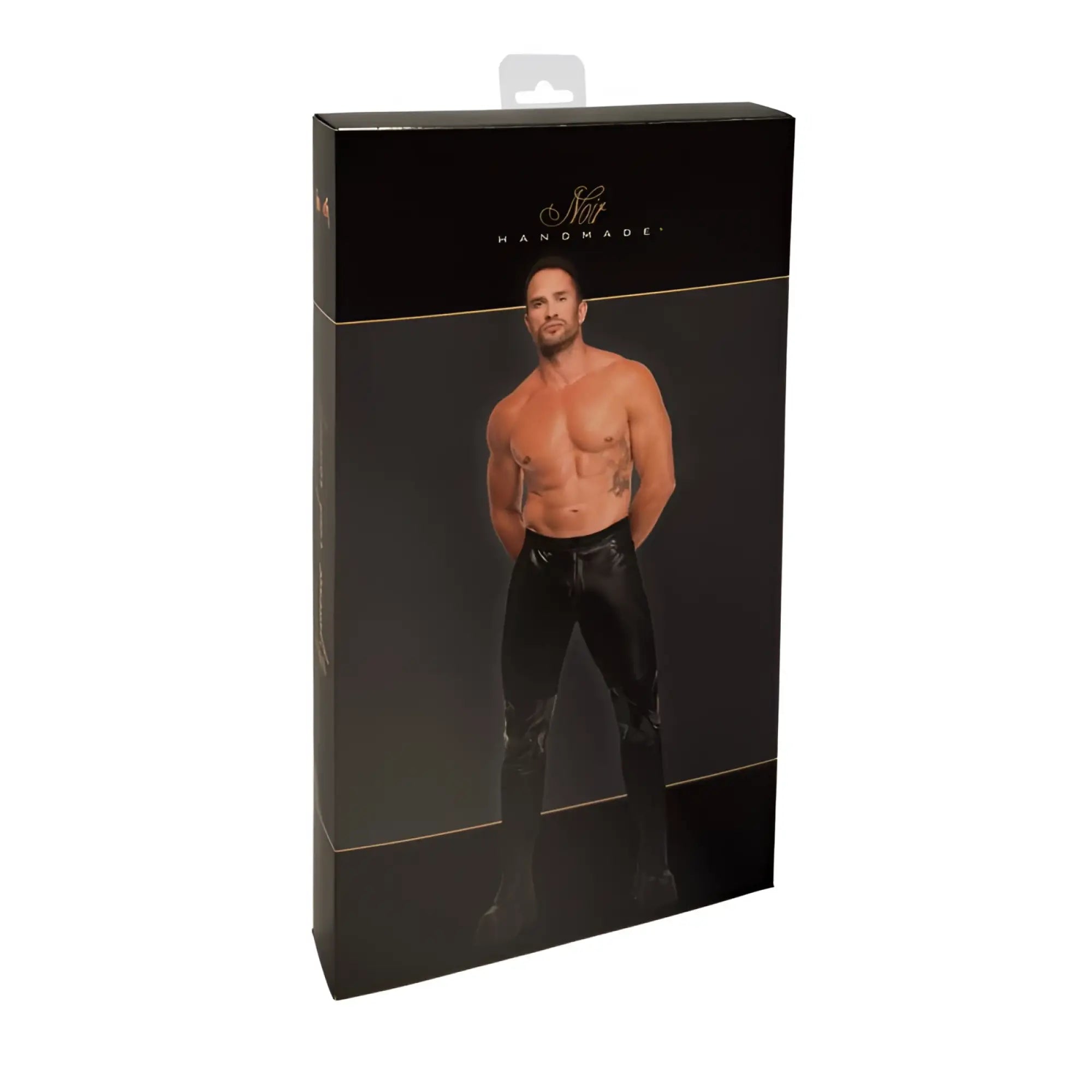 Black leather noir rogue pants s with a sleek glossy finish showcasing front view for stylish wear