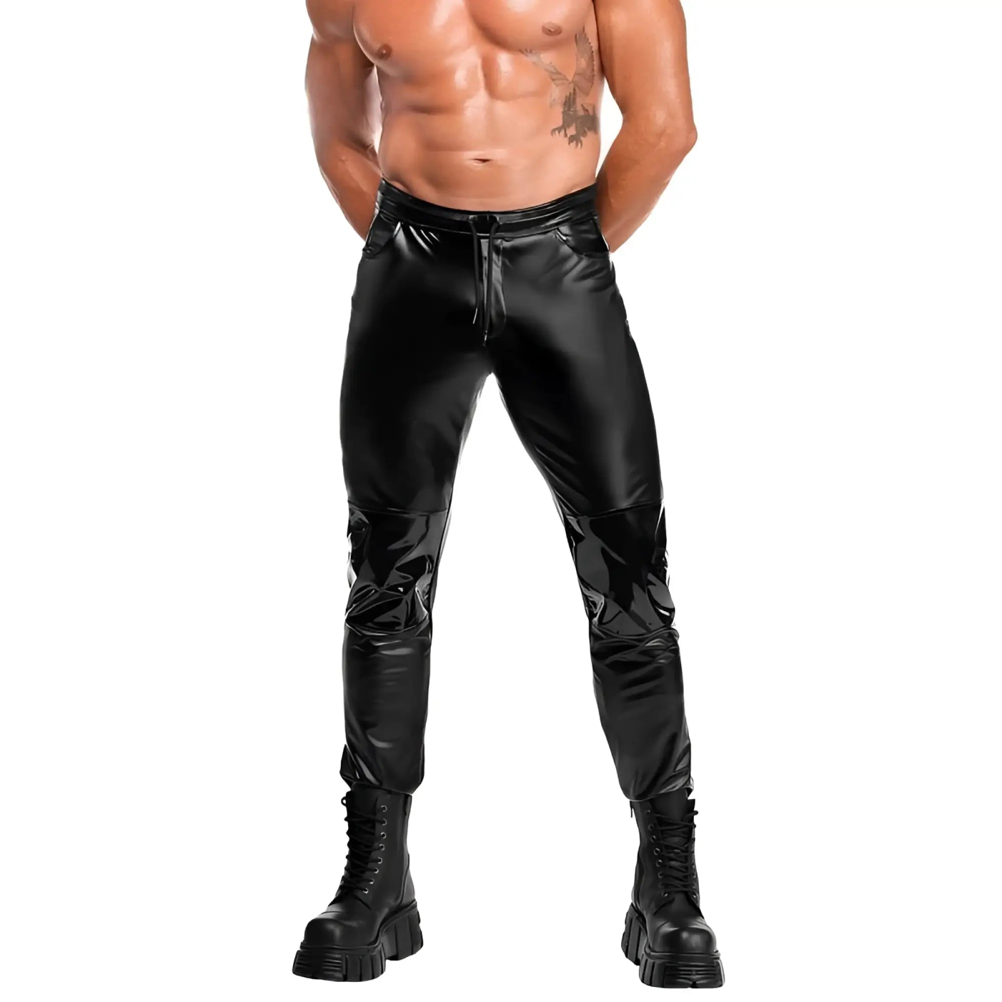 Noir Rogue pants xl are black slim fit faux leather pants with a glossy finish and subtle paneling details