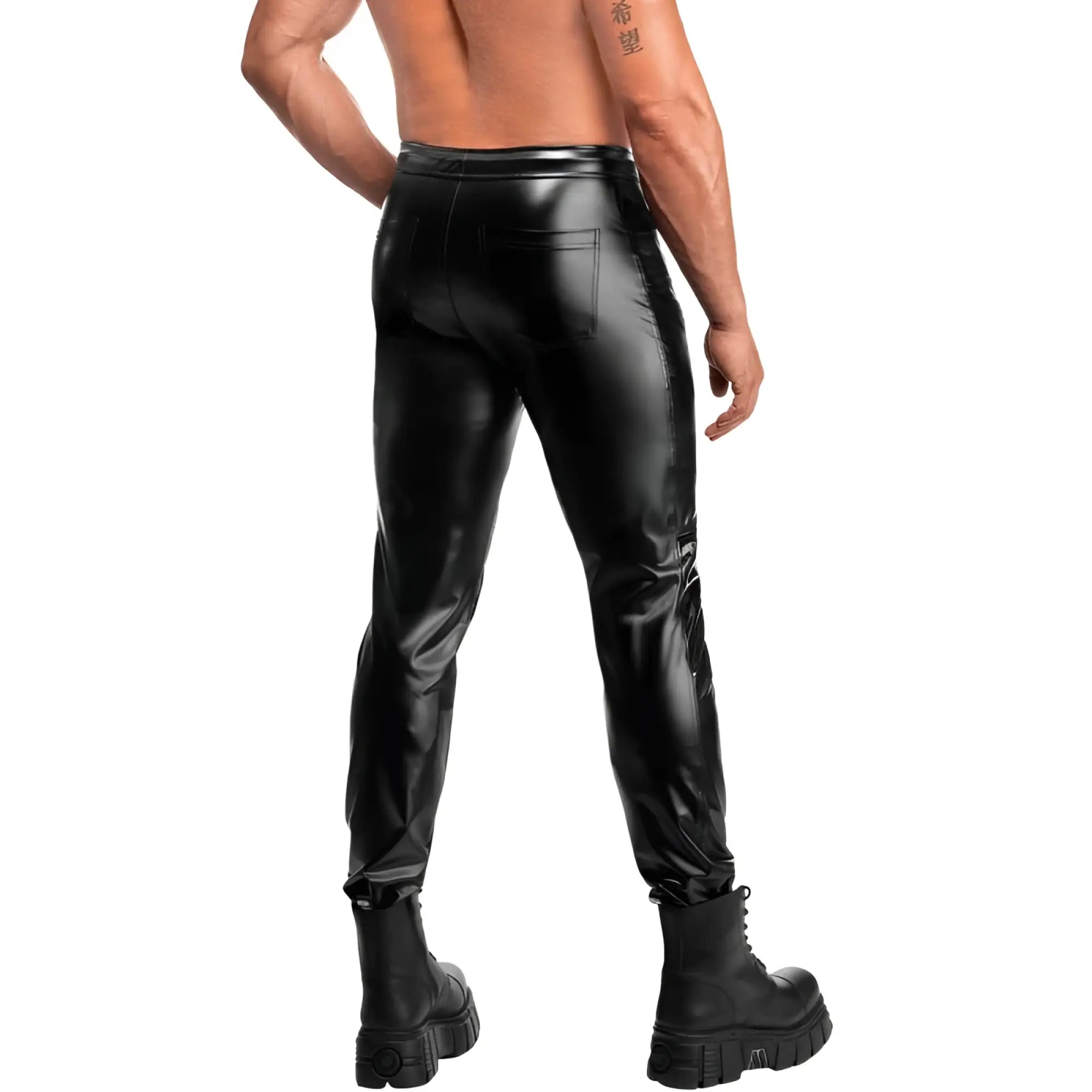 Black glossy faux leather slim fit pants with visible stitching details noir rogue pants xl