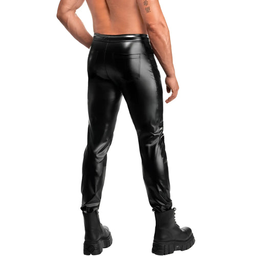 Black glossy faux leather slim fit pants with visible stitching details noir rogue pants xl