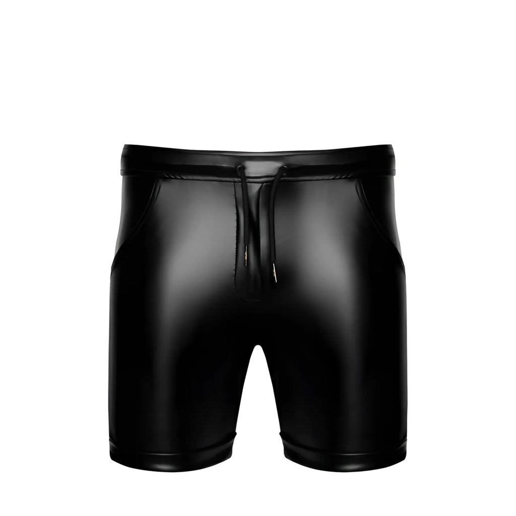Black glossy faux leather shorts noir rogue shorts l with drawstring waistband front view