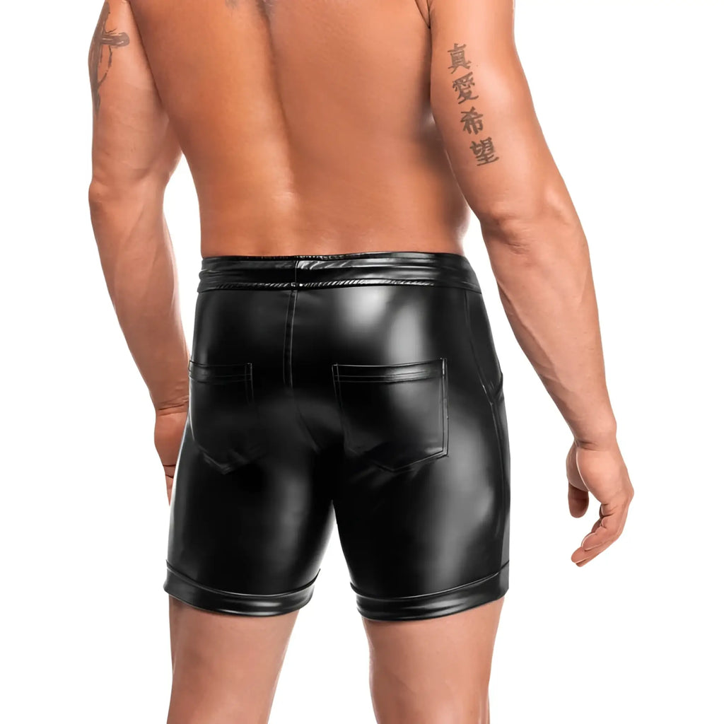 Black shiny faux leather shorts noir rogue shorts m with glossy finish and two back pockets shown from the back side