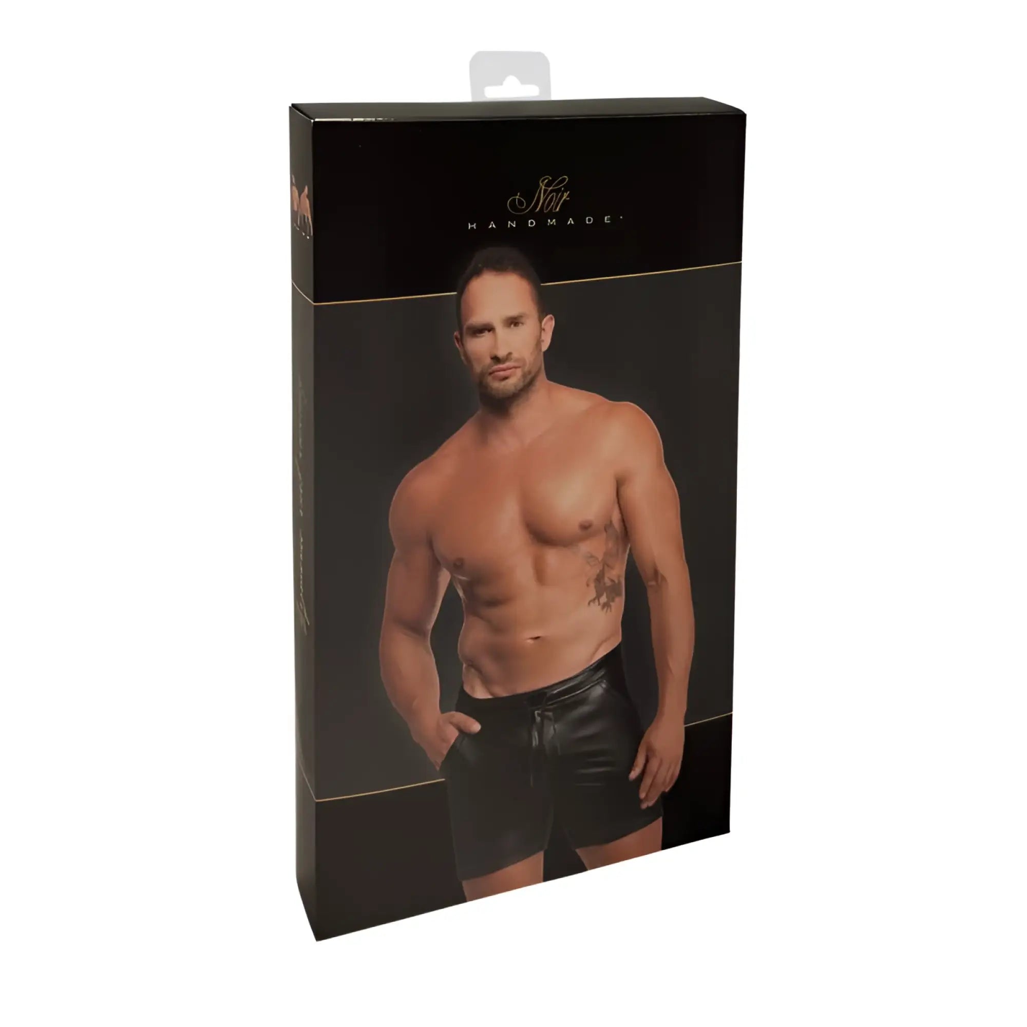 Noir rogue shorts s black leather shorts displayed in a product box highlighting their sleek design