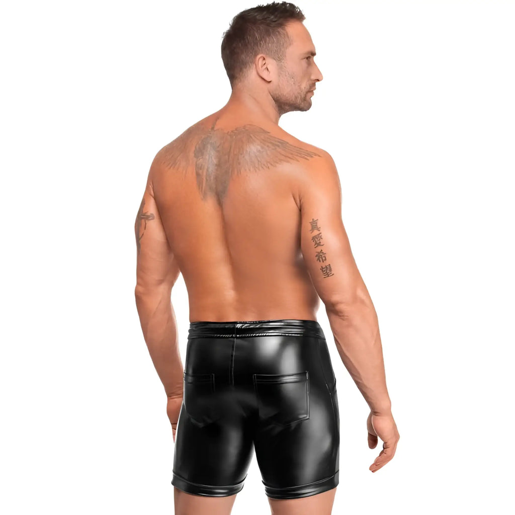 Back view of noir rogue shorts xl black patent leather with glossy finish and two rear pockets