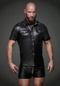 Black leather short-sleeved shirt with front pockets and button-down front for a sexy and elegant look
